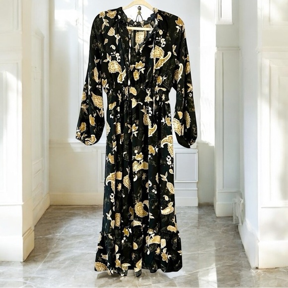 Floral Black and Tan Maxi Dress, Womens M, Sheer, Feminine, Flowly - Picture 1 of 9